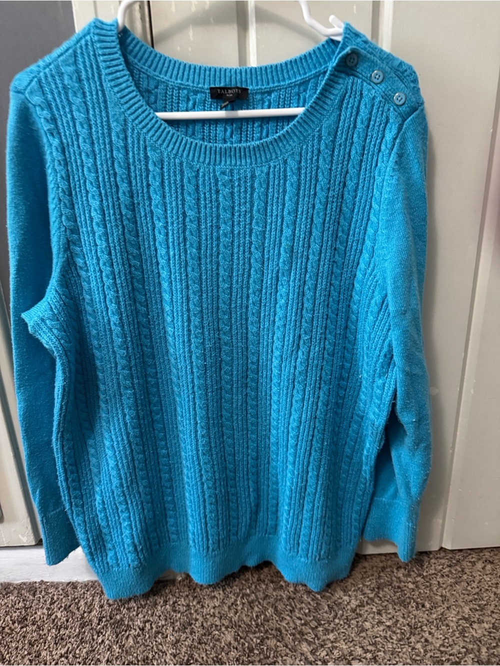 Talbots Turquoise Cable Knit Scoop-Neck Sweater with Shoulder Buttons with Hat.